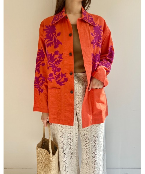 sara mallika コート アウター C.LINEN BIG FLOWER EMB JKT