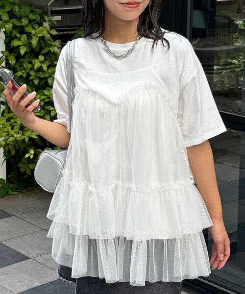 速くおよび自由な CIAOPANIC tシャツ チュールビスチェドッキングオーバーTEE トップス