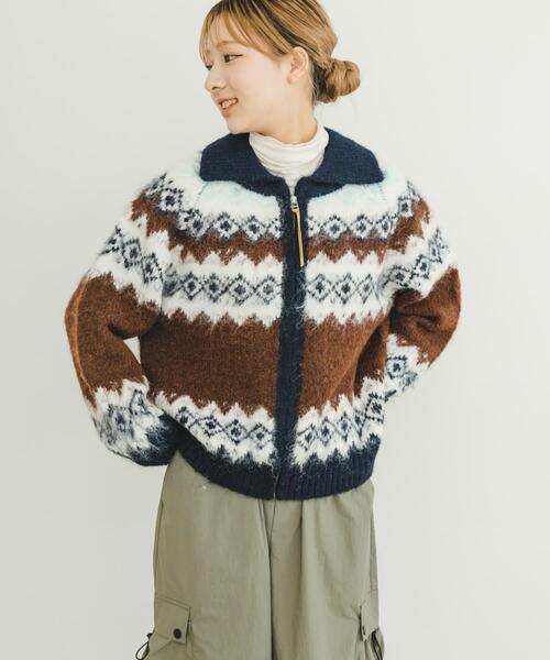 45R カウチンニットコート フリーサイズ フリンジ 総柄 コットン ウール ONCILY セーター ニット NORDIC PATTERN COWICHAN ZIP KNIT