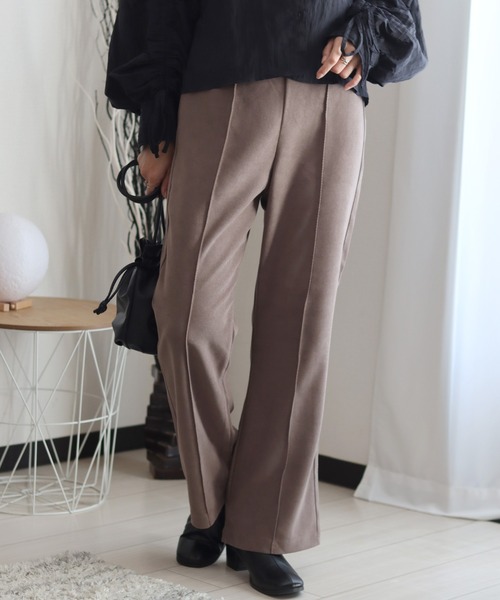 スラックス パンツ エステルカルゼ センタープリーツフレア