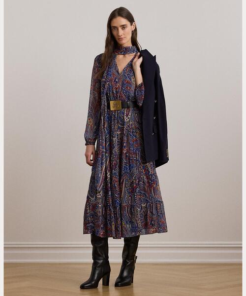 【Lauren Ralph Lauren】ペイズリー タイネック シフォンドレス LAUREN RALPH ワンピース ペイズリー シフォン ティアード