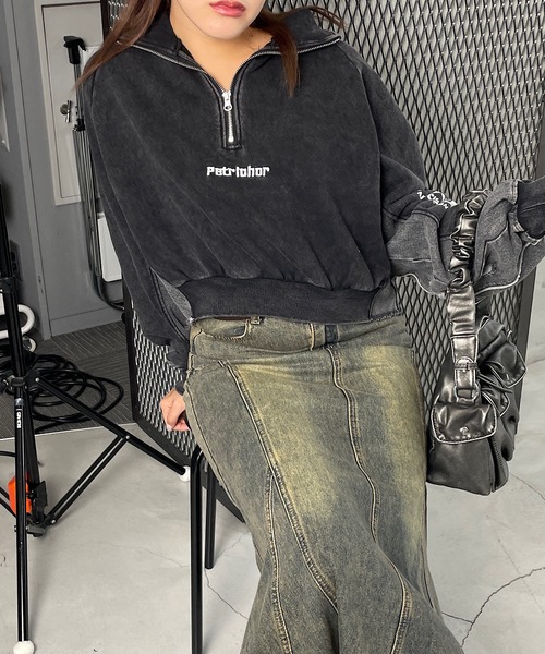 トレーナー スウェット ショート丈デニム切替ハーフジッププルオーバー レディース Roger&Raw トレーナー スウェット ショート丈デニム切替ハーフ