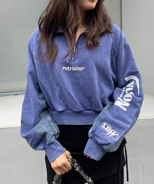 トレーナー スウェット ショート丈デニム切替ハーフジッププルオーバー レディース Roger&Raw トレーナー スウェット ショート丈デニム切替ハーフ