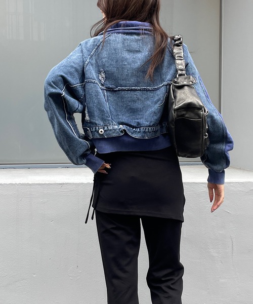 トレーナー スウェット ショート丈デニム切替ハーフジッププルオーバー レディース Roger&Raw トレーナー スウェット ショート丈デニム切替ハーフ