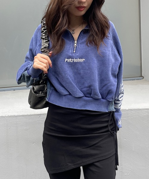 トレーナー スウェット ショート丈デニム切替ハーフジッププルオーバー レディース Roger&Raw トレーナー スウェット ショート丈デニム切替ハーフ