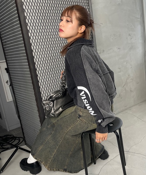 トレーナー スウェット ショート丈デニム切替ハーフジッププルオーバー レディース Roger&Raw トレーナー スウェット ショート丈デニム切替ハーフ