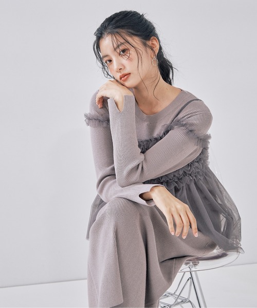 セットアップ☆ニットワンピース ランダムヘム チュール ニット rienda（リエンダ）の「メニーウェイチュールペプラムセット