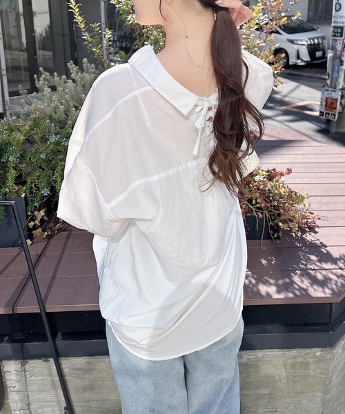 【美品】インゲボルグ★レースアップデザインが美しい♪ 五分袖ブラウス ボタン開閉 白系 z17910 セール】 【OUTLET】チュールエンブレースブラウス （シャツ・ブラウス
