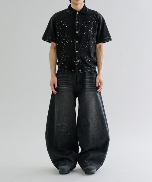 PERVERZE Linen Loose Denim パッチワーク デニムパンツ パッチワーク風デニムワイドパンツ（デニムパンツ