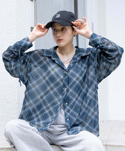 しるしる RAGEBLUE（レイジブルー） ブラウス シャツ 袖シャーリングBIGチェック