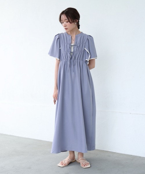⭐　スキューバ生地な半袖パフスリーブワンピ BAB（バブ） ワンピース 夏 半袖 「S・Mサイズ展開」配色パイピング
