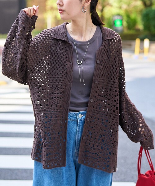 coen（コーエン） カーディガン クロシェ襟付きニットカーディガン