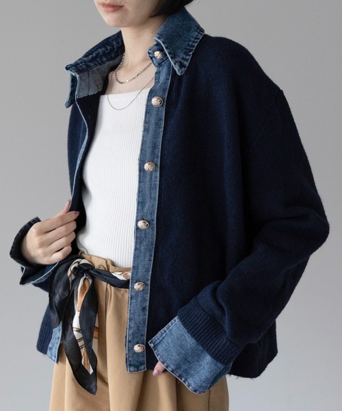 カーディガン デニム異素材ドッキング 襟付きニットカーディガン