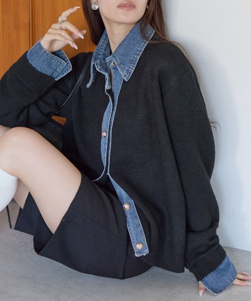 カーディガン デニム異素材ドッキング 襟付きニットカーディガン