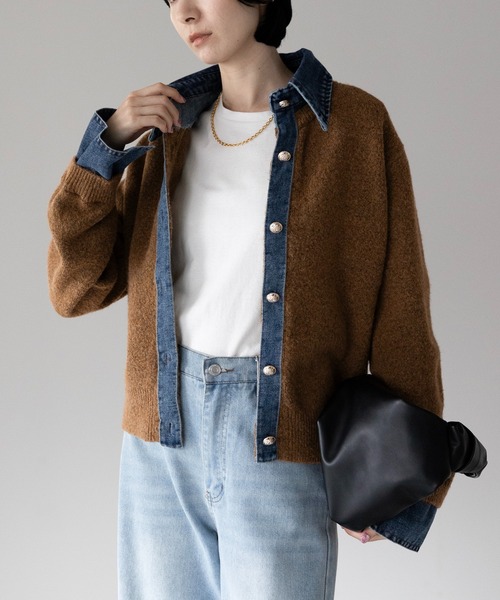 カーディガン デニム異素材ドッキング 襟付きニットカーディガン