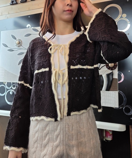 CHANEL レースクロシェニットカーディガン　透かし編み　ロゴプレート 透かし編み カーディガン ニット サマー トップス 夏 クロシェ編み トップス