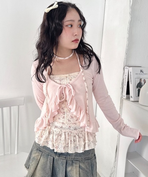 Loueme カーディガン 「3点SET」チョーカー付きフラワーキャミソール＋