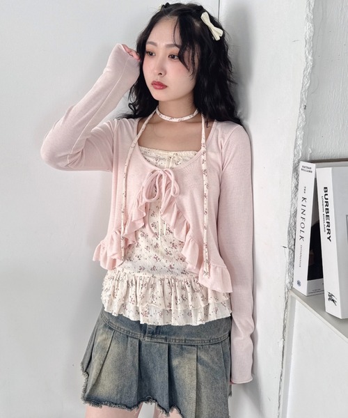 Loueme カーディガン 「3点SET」チョーカー付きフラワーキャミソール＋