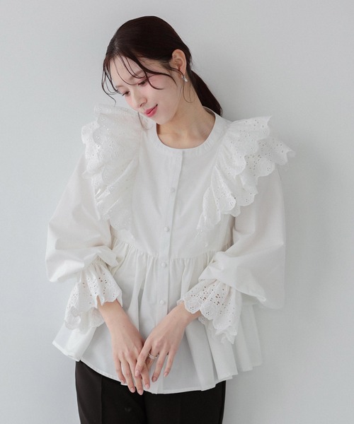 Fit more（フィットモア） ブラウス シャツ 袖カットワークレース 