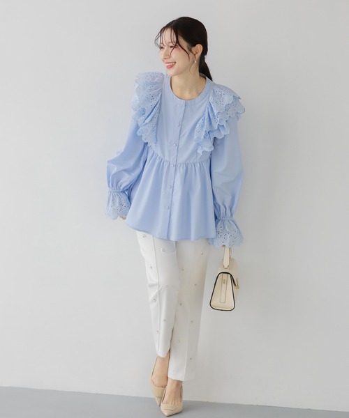 Fit more（フィットモア） ブラウス シャツ 袖カットワークレース 