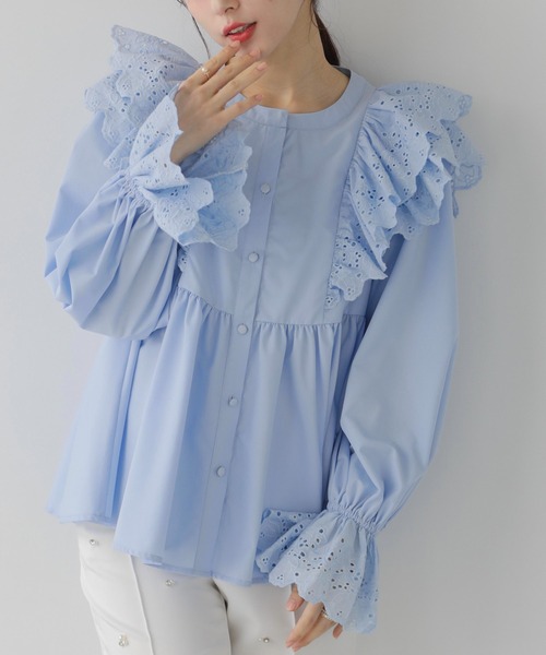 Fit more（フィットモア） ブラウス シャツ 袖カットワークレース 