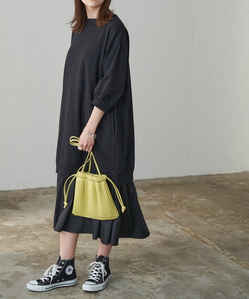 本日限定 ワンピース ポケット付き 7分袖ドロップショルダー レイヤードワンピース いつでも送料無料