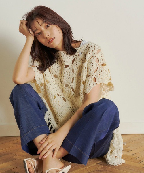 ベスト ジレ かぎ針透かし編みフリンジベスト「手洗い可能」 レディース