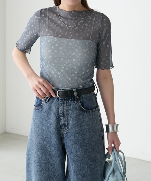 BONLECILL tシャツ Tシャツ シアーメロー小花柄半袖プルオーバー 