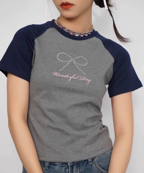 tシャツ A'GEM/9 × .kom 「CORYSTUDIO/コリースタジオ」リボンラグラン半袖カットソー レディース