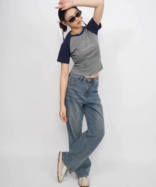 tシャツ A'GEM/9 × .kom 「CORYSTUDIO/コリースタジオ」リボンラグラン半袖カットソー レディース A'gem 9 tシャツ A'GEM/9 × .kom 「CORYSTUDIO/コリースタジオ