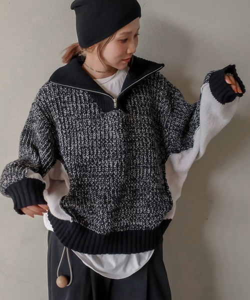 ニット セーター 「hideka select」ハーフジップリブ編みニットプルオーバー / スタンド バイカラー 配色 レディース HEILIS ニット セーター 「hideka select」ハーフジップリブ編み