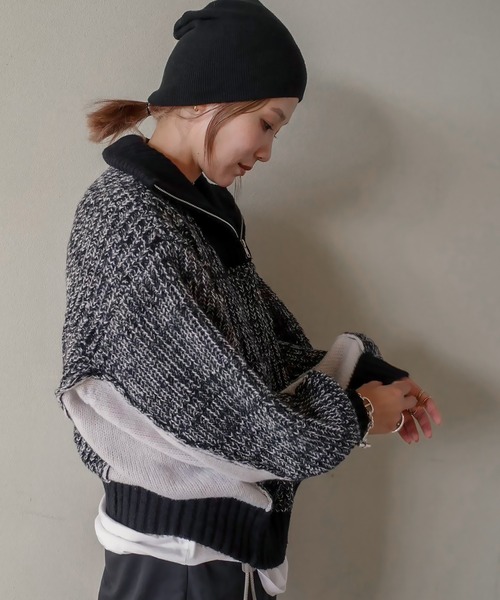 ニット セーター 「hideka select」ハーフジップリブ編みニットプルオーバー / スタンド バイカラー 配色 レディース HEILIS ニット セーター 「hideka select」ハーフジップリブ編み