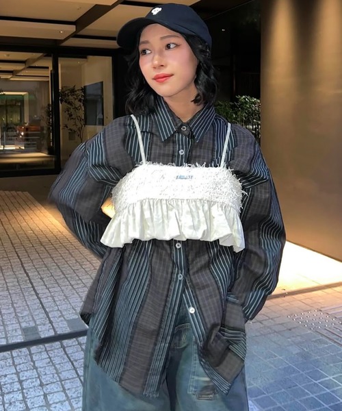 ブラウス シャツ 「ELOOPS」チェックコラージュオーバーシャツ レディース メンズ Girly Doll ブラウス シャツ オーバーサイズチェック柄シャツ