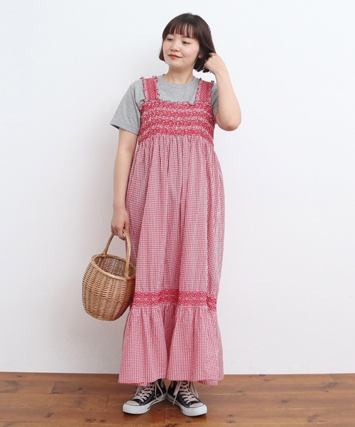 【新品タグ付き】CHILD WOMAN DotandStripes 赤ワンピース CHILD WOMAN ワンピース FINXブロード/綿ローン フリル丸襟前
