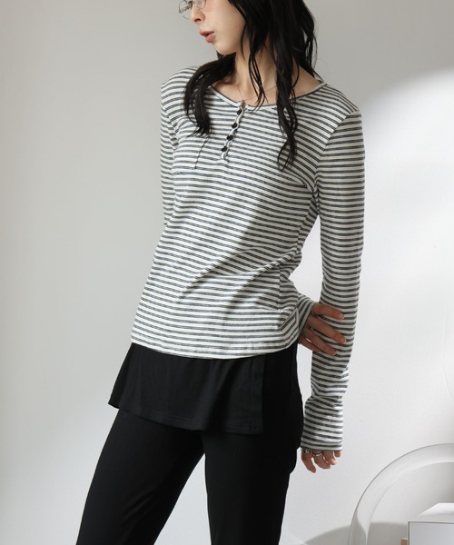 2ly2 ヘンリーネック tシャツ ナチュラルスタイルボーダー柄ヘンリー