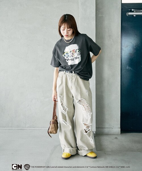 パワーパフガールズ オーバーサイズTシャツ 白 アニメTシャツ PUBLUX/【THE POWERPUFF GIRLS】パワーパフ ガールズ かすれ 箔