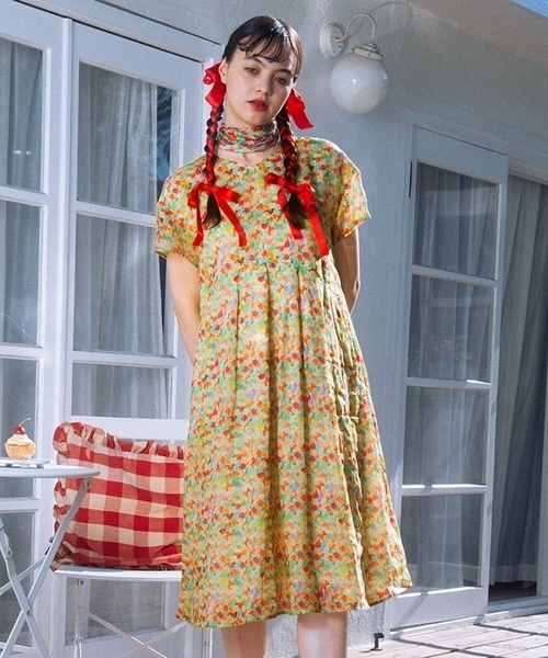 ホコモモラ（JOCOMOMOLA）/Verde esmeralda リネンプリントワンピース Jocomomola（ホコモモラ） ワンピース Verde esmeralda リネンプリント