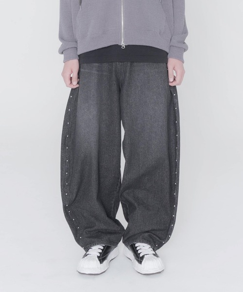 ワイドパンツ ジーンズ デニム デニムパンツ スタッズバレルデニム 