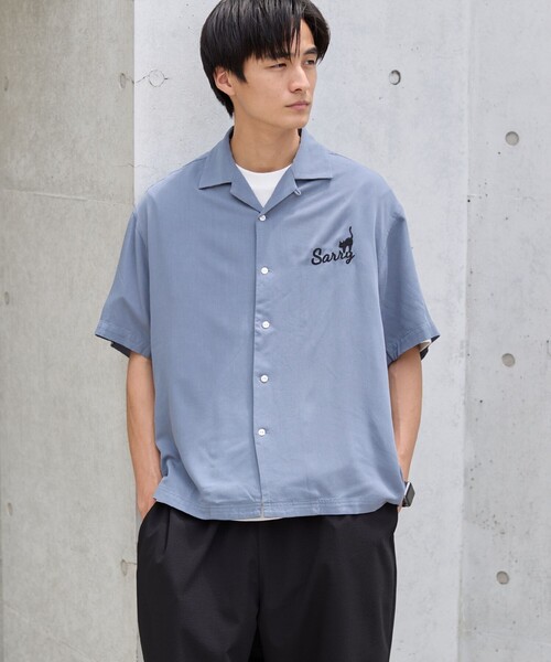 coen（コーエン） シャツ 半袖 Sarry Cat刺繍レーヨンシャツ メンズ
