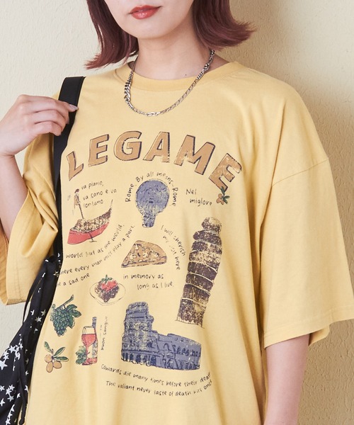 tシャツ 26/-天竺パウダー加工イタリアプリントビッグTシャツ レディース