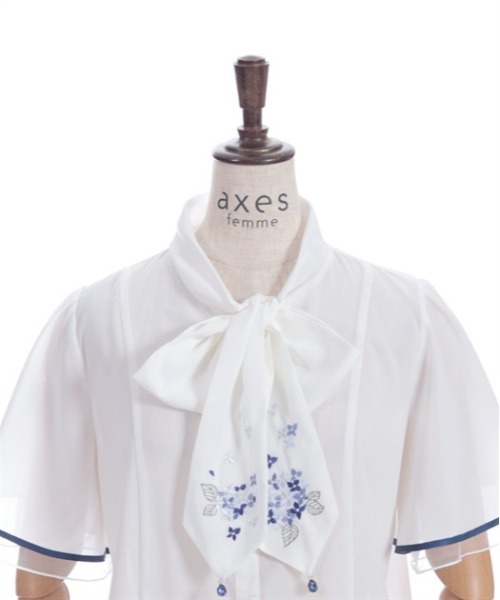 紫陽花柄シアースカート 紫陽花刺繍リボンブラウス axes femme axes femme ブラウス シャツ 紫陽花刺繍リボンブラウス