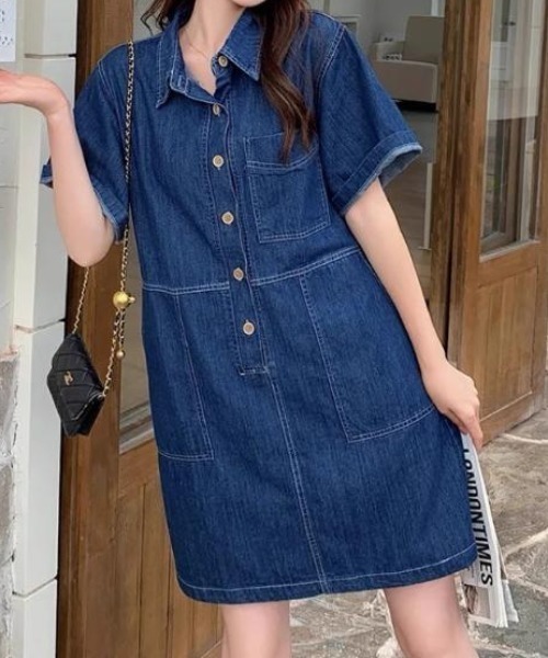 レース襟半袖デニムミニワンピース Lace Collar Denim One Piece