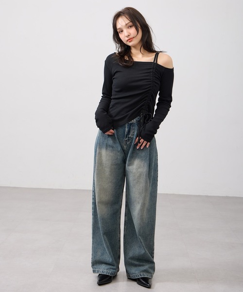 美品 PONY STONE ポニーストーン アシンメトリー デニム ドッキング トップス カットソー サイズF グレー ブルー レディース 古着 中古 USED ポニーストーン PONY STONE Flynn （Blue） -靴＆ファッション通販
