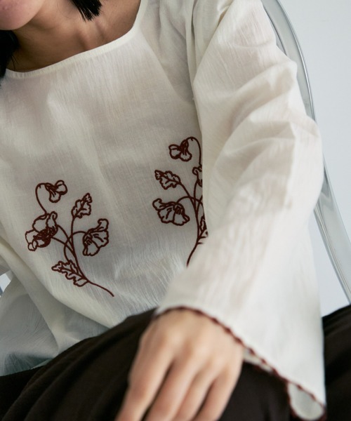 ひらり　草木染め　刺繍　アンティーク・ビンテージブラウス　❀ 袖立体刺しゅう シャツブラウス | 京都通販ミセスのファッション館・本店