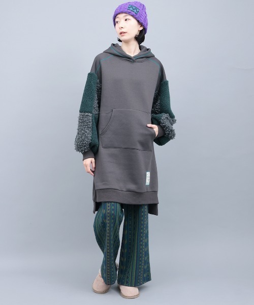 ※*※様 TITICACA フード付きワンピース Fサイズ グレー/マルチカラー チチカカ（TITICACA） ワンピース 裏起毛xボアスリーブフード