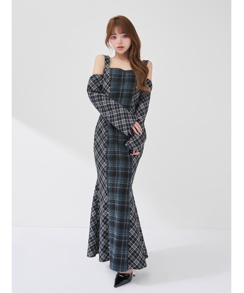 バックオープンチェックマーメイドロングワンピース バックオープンチェックマーメイドロングワンピース – Darich