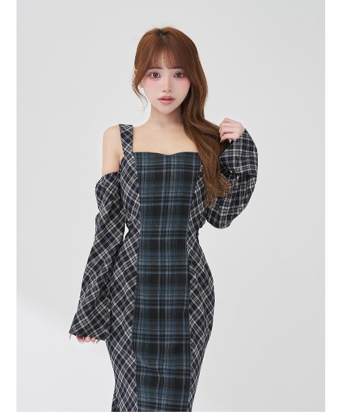 ダーリッチ バックオープンチェックマーメイドロングワンピース ネイビー Darich（ダーリッチ） ワンピース バックオープンチェックマーメイド