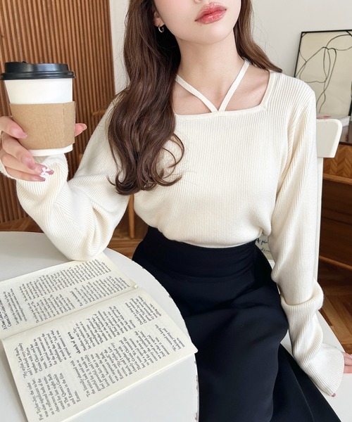 「moment+」 長袖ニット M チャコールグレー レディース_画像4