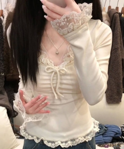 gossip!ロサンゼルス tシャツ Y2K レースエッジ胸元ギャザーリボン長袖