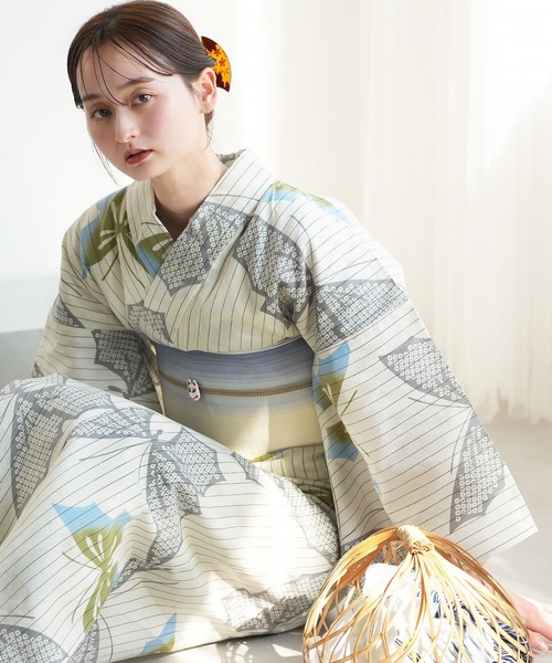 浴衣 手染め注染浴衣3点セット utatane×注染工房 綿麻 等間しじら 風遊びの疋田蝶 レディース